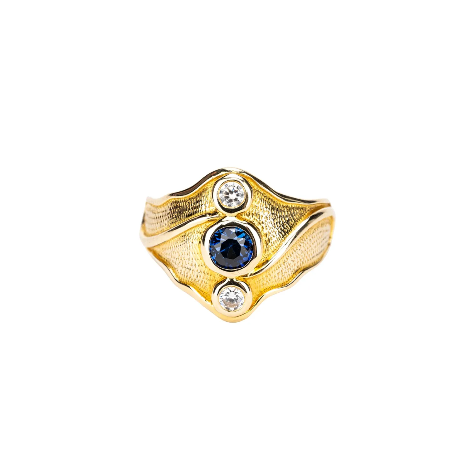 10k Yellow Gold Lab Grown Blue Sapphire  and Cubic Zirconia Rocks 'n Rivers Ring