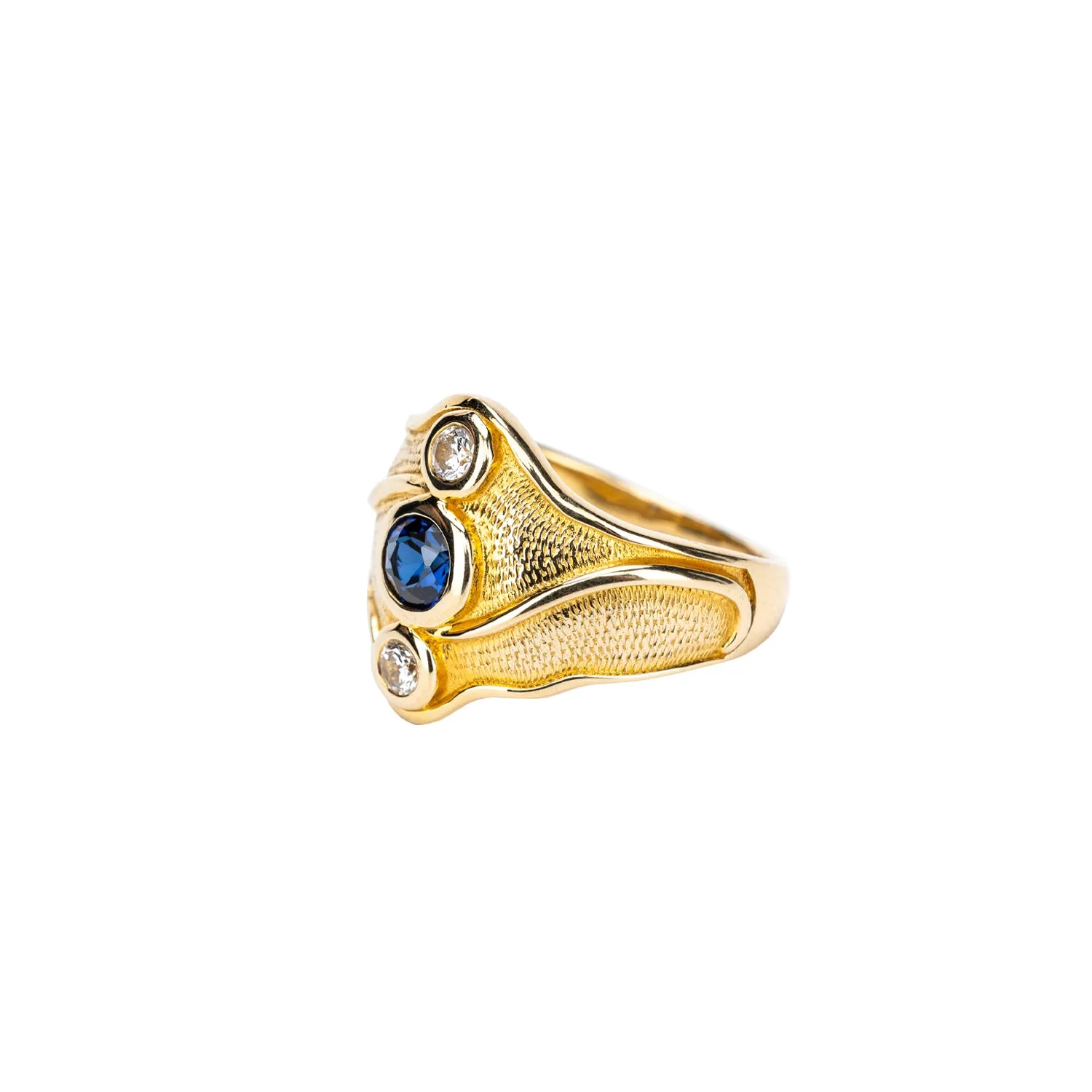 10k Yellow Gold Lab Grown Blue Sapphire  and Cubic Zirconia Rocks 'n Rivers Ring