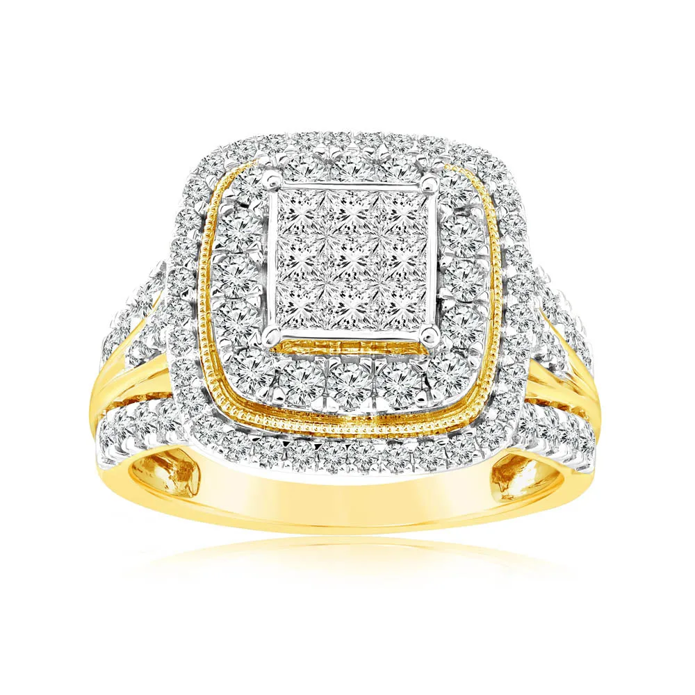 1.40 Carat Diamond Cushion Cluster Ring in 14ct Yellow Gold