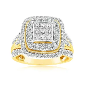 1.40 Carat Diamond Cushion Cluster Ring in 14ct Yellow Gold