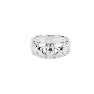 14k White Gold Claddagh Ring with Diamond Set Heart