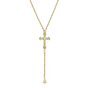 1928 Jewelry Gold Cross Round Clear Crystal Y-Necklace 15"   3" Extender