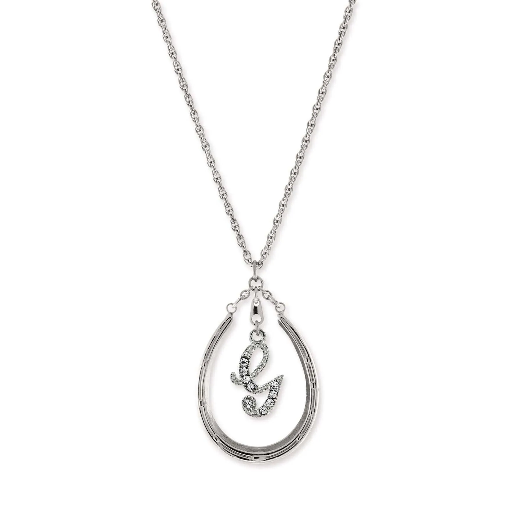 1928 Jewelry Pewter Horseshoe Crystal Initial Necklace 16"   3" Extender