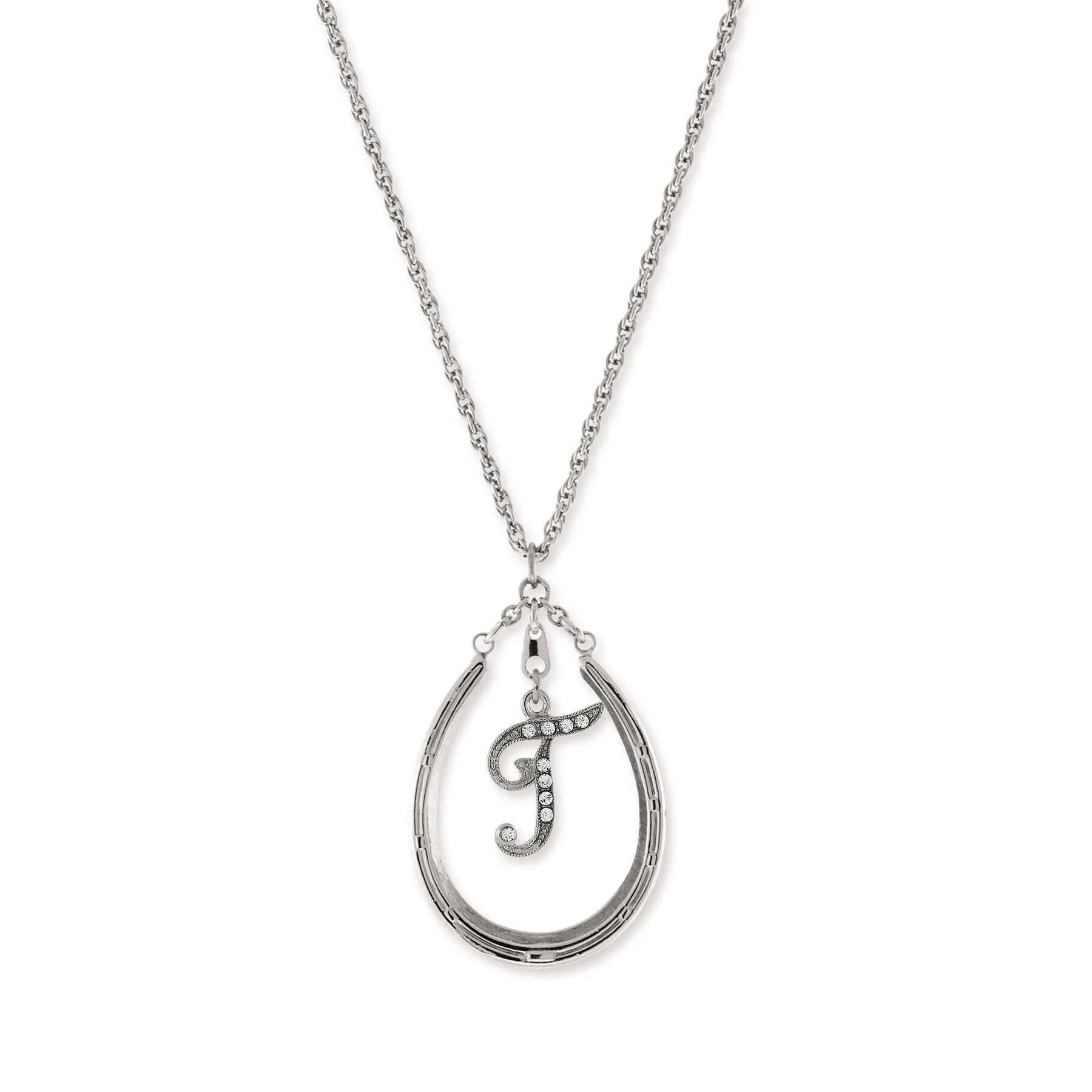 1928 Jewelry Pewter Horseshoe Crystal Initial Necklace 16"   3" Extender