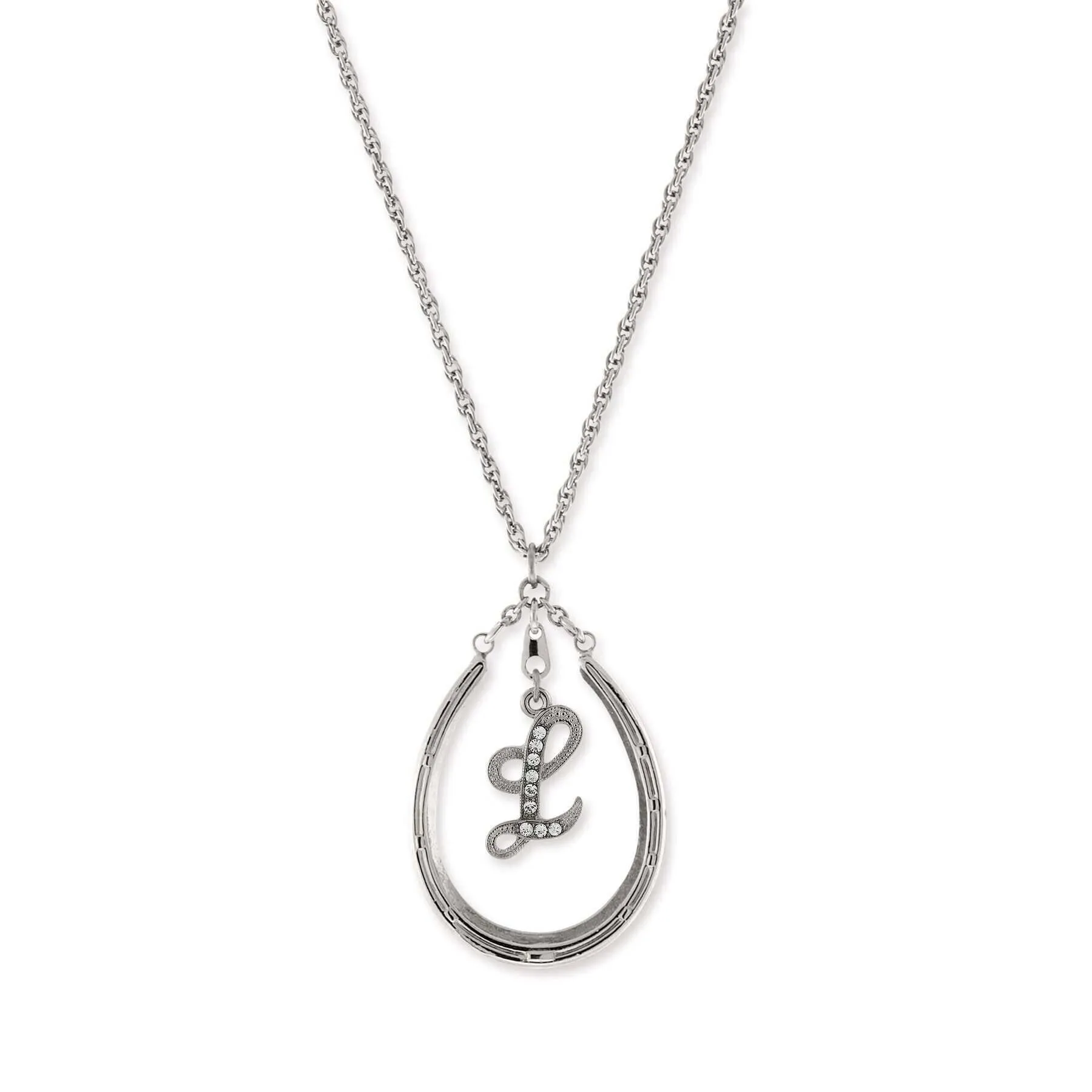 1928 Jewelry Pewter Horseshoe Crystal Initial Necklace 16"   3" Extender
