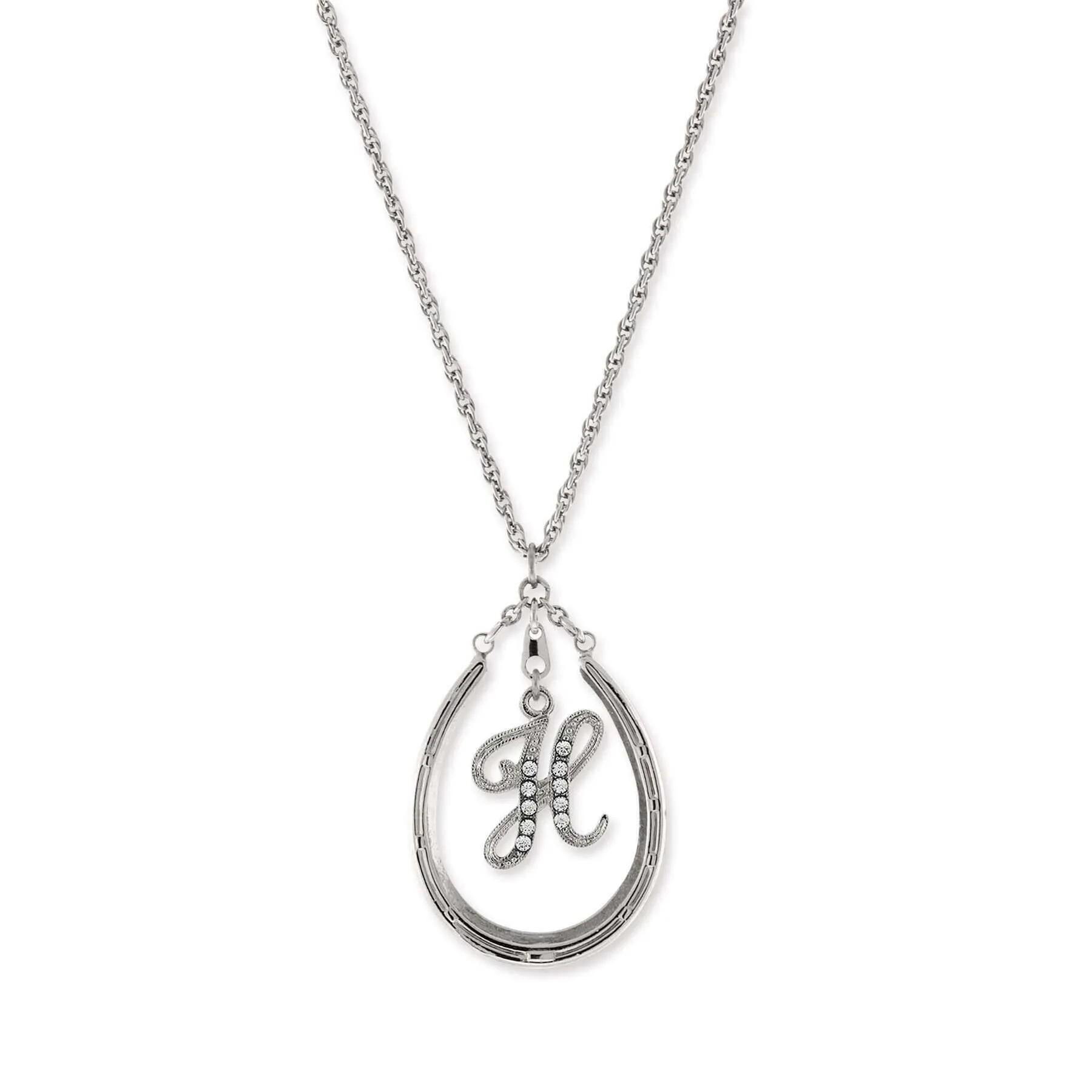 1928 Jewelry Pewter Horseshoe Crystal Initial Necklace 16"   3" Extender