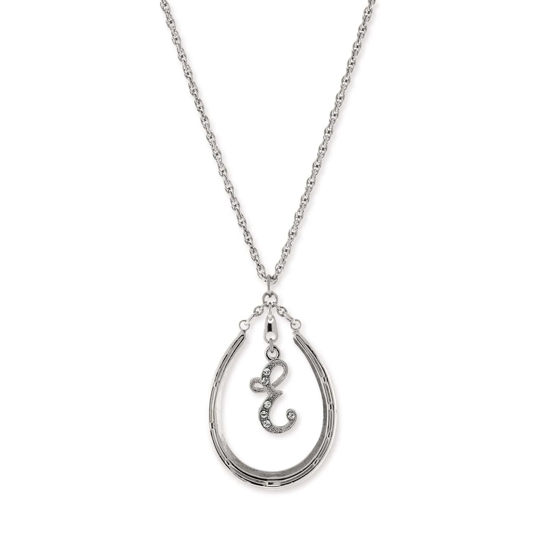 1928 Jewelry Pewter Horseshoe Crystal Initial Necklace 16"   3" Extender