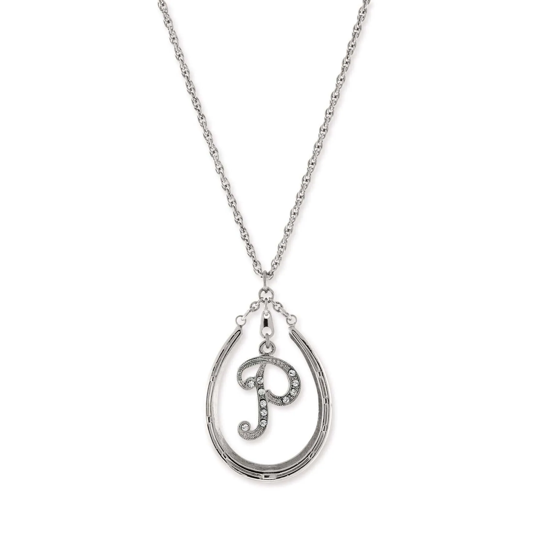1928 Jewelry Pewter Horseshoe Crystal Initial Necklace 16"   3" Extender