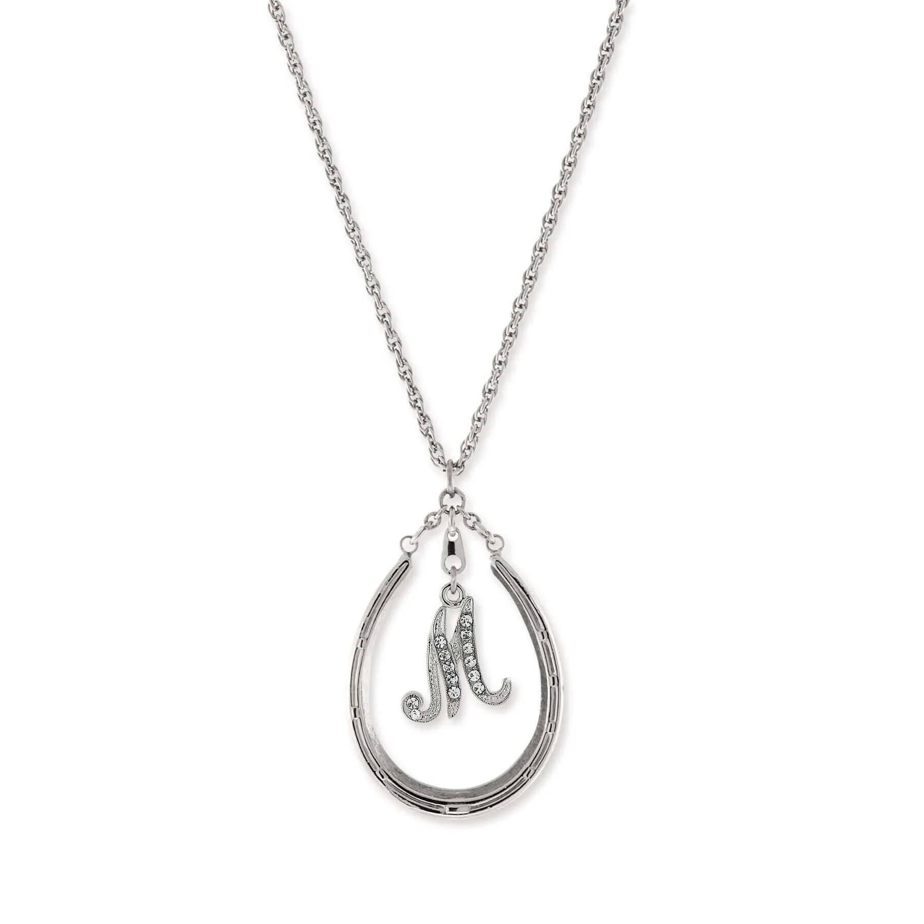 1928 Jewelry Pewter Horseshoe Crystal Initial Necklace 16"   3" Extender
