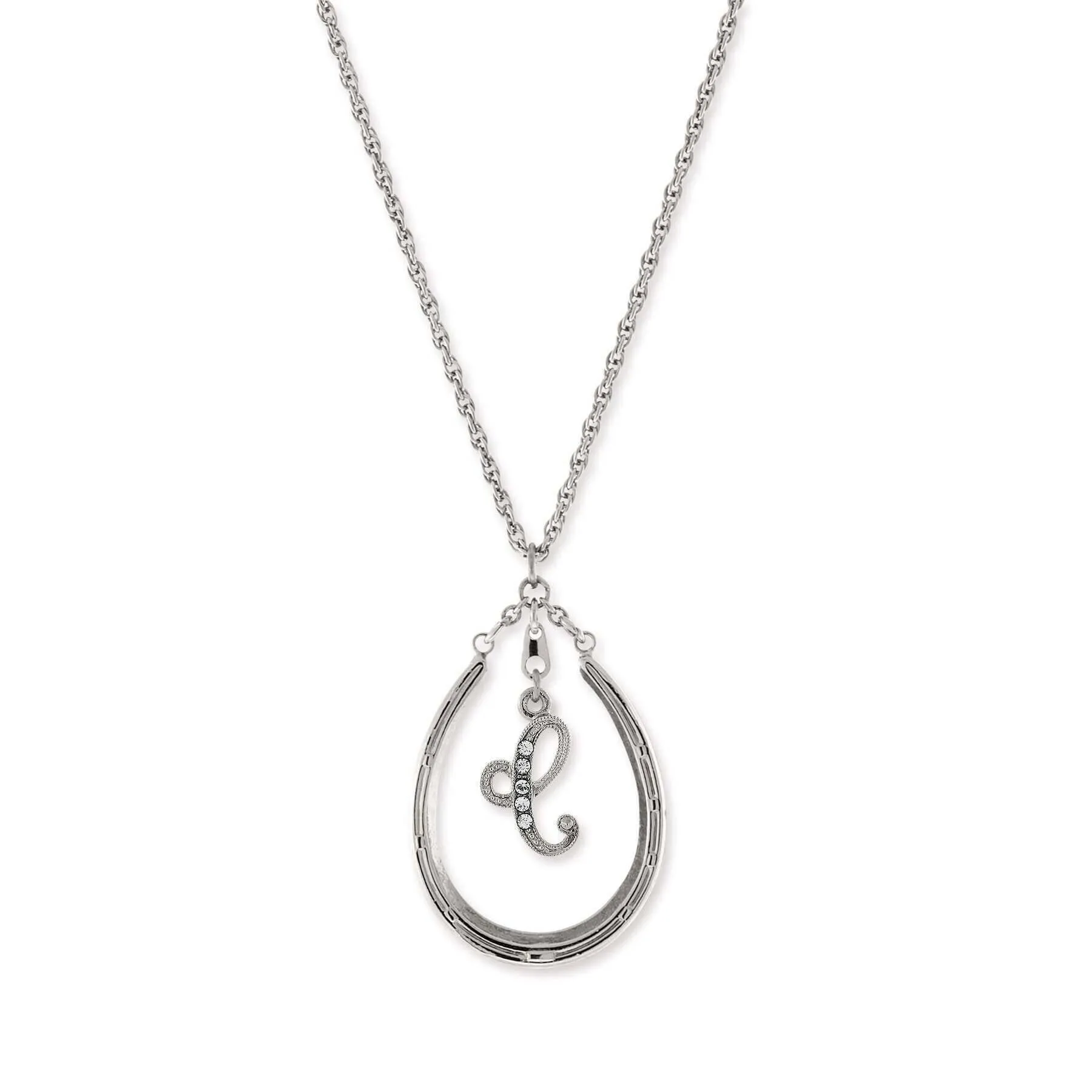 1928 Jewelry Pewter Horseshoe Crystal Initial Necklace 16"   3" Extender