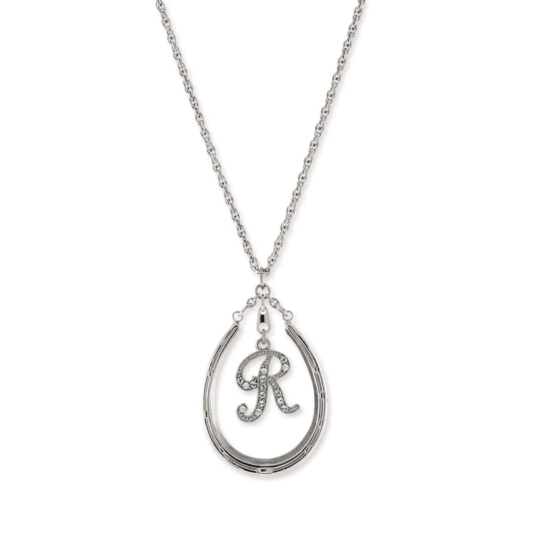 1928 Jewelry Pewter Horseshoe Crystal Initial Necklace 16"   3" Extender