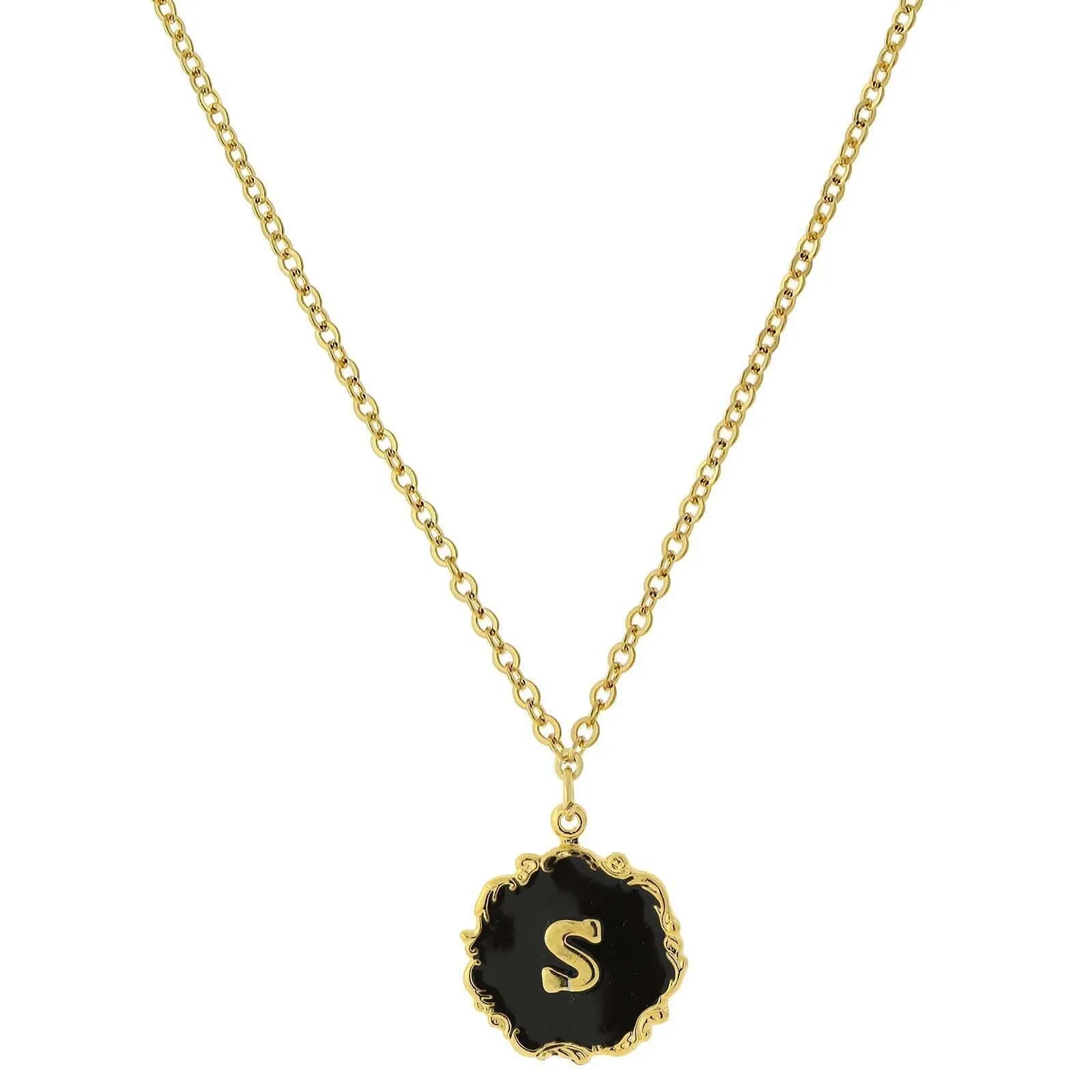 1928 Jewelry Sunburst Black Enamel Initial Pendant Necklace 16"   3" Extender