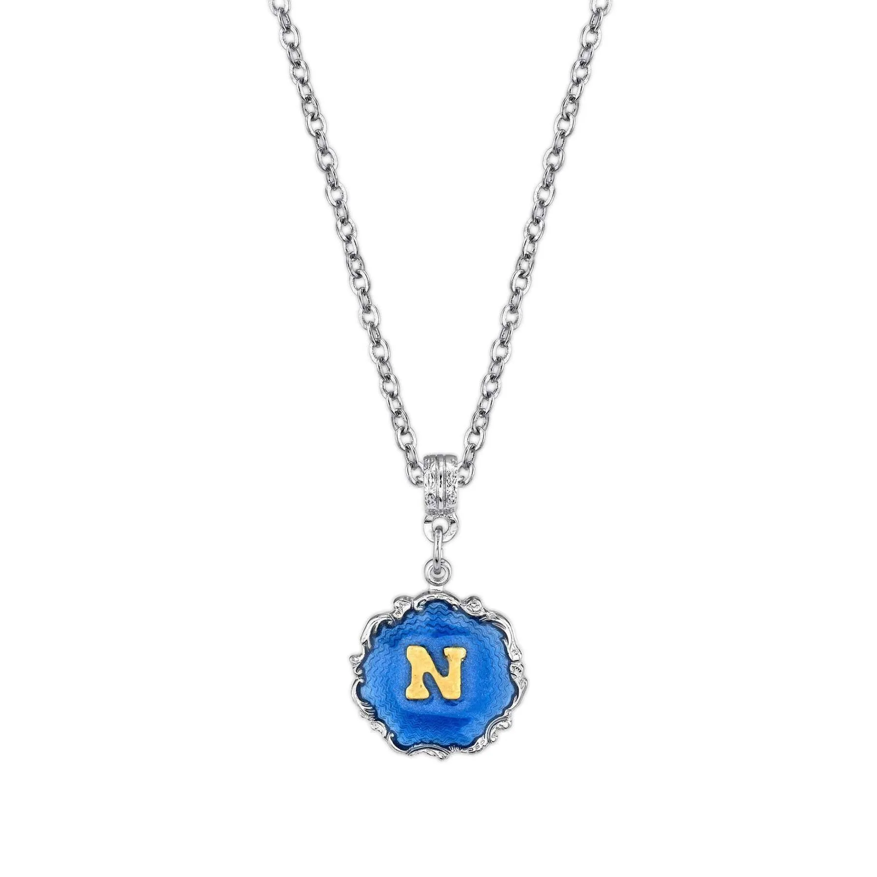 1928 Jewelry Sunburst Blue Enamel Initial Necklace 16"   3" Extender