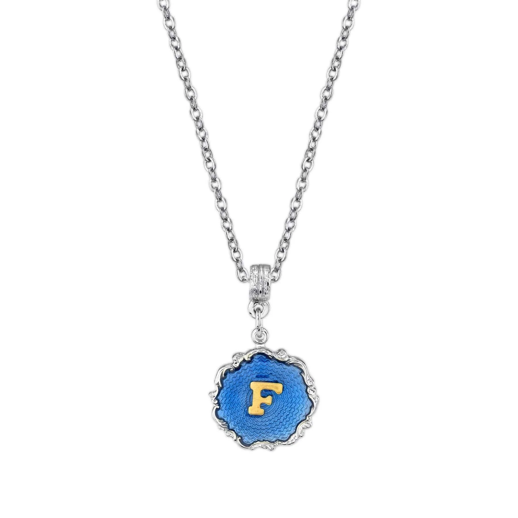 1928 Jewelry Sunburst Blue Enamel Initial Necklace 16"   3" Extender