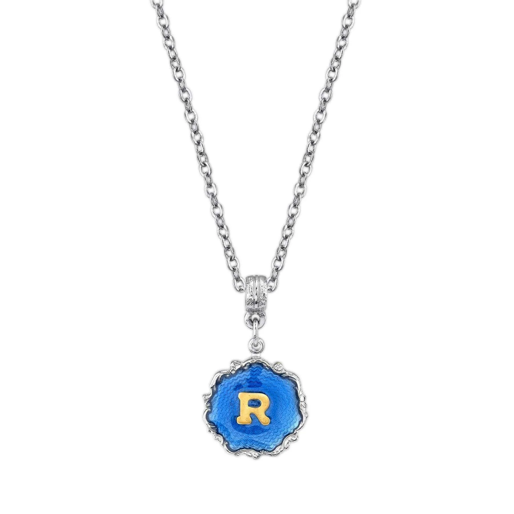 1928 Jewelry Sunburst Blue Enamel Initial Necklace 16"   3" Extender