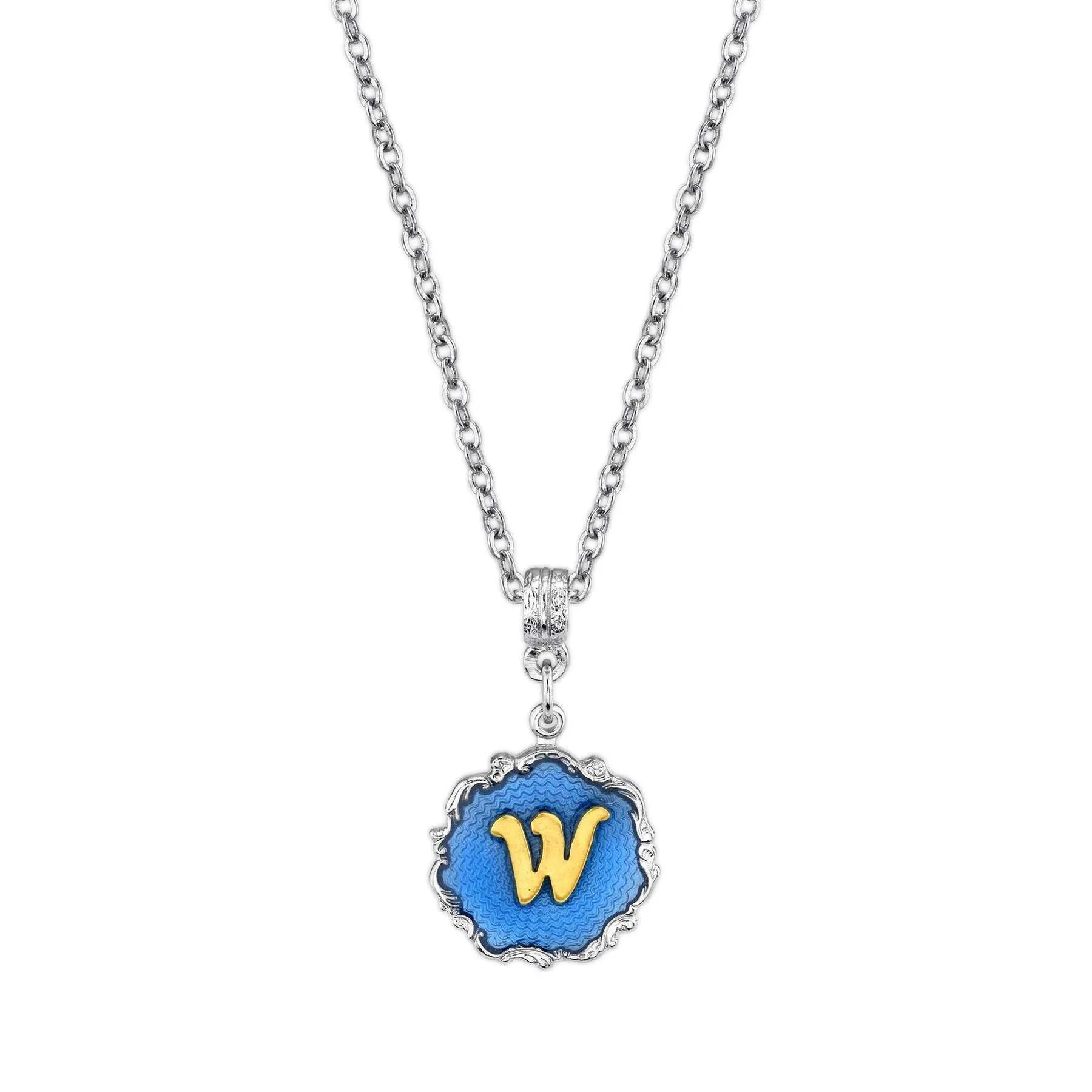 1928 Jewelry Sunburst Blue Enamel Initial Necklace 16"   3" Extender