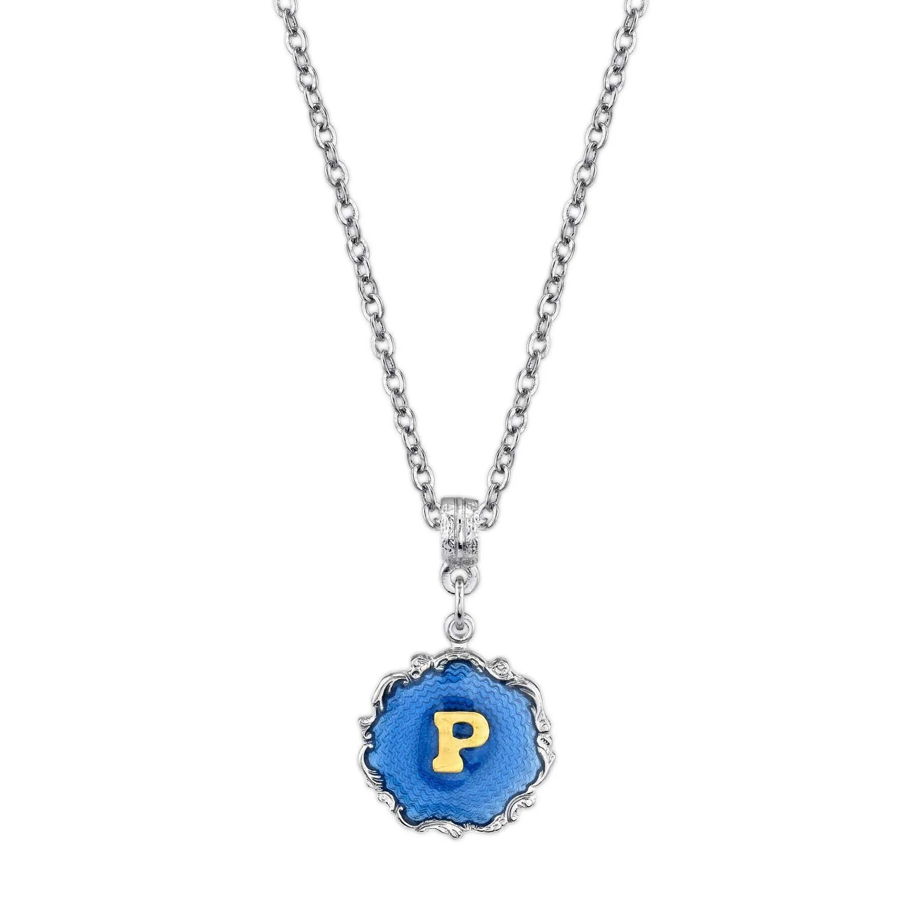 1928 Jewelry Sunburst Blue Enamel Initial Necklace 16"   3" Extender