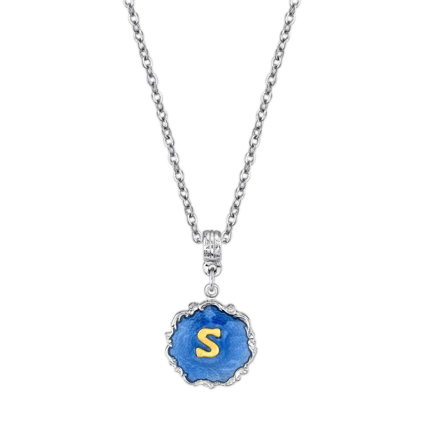 1928 Jewelry Sunburst Blue Enamel Initial Necklace 16"   3" Extender