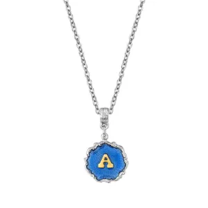 1928 Jewelry Sunburst Blue Enamel Initial Necklace 16"   3" Extender