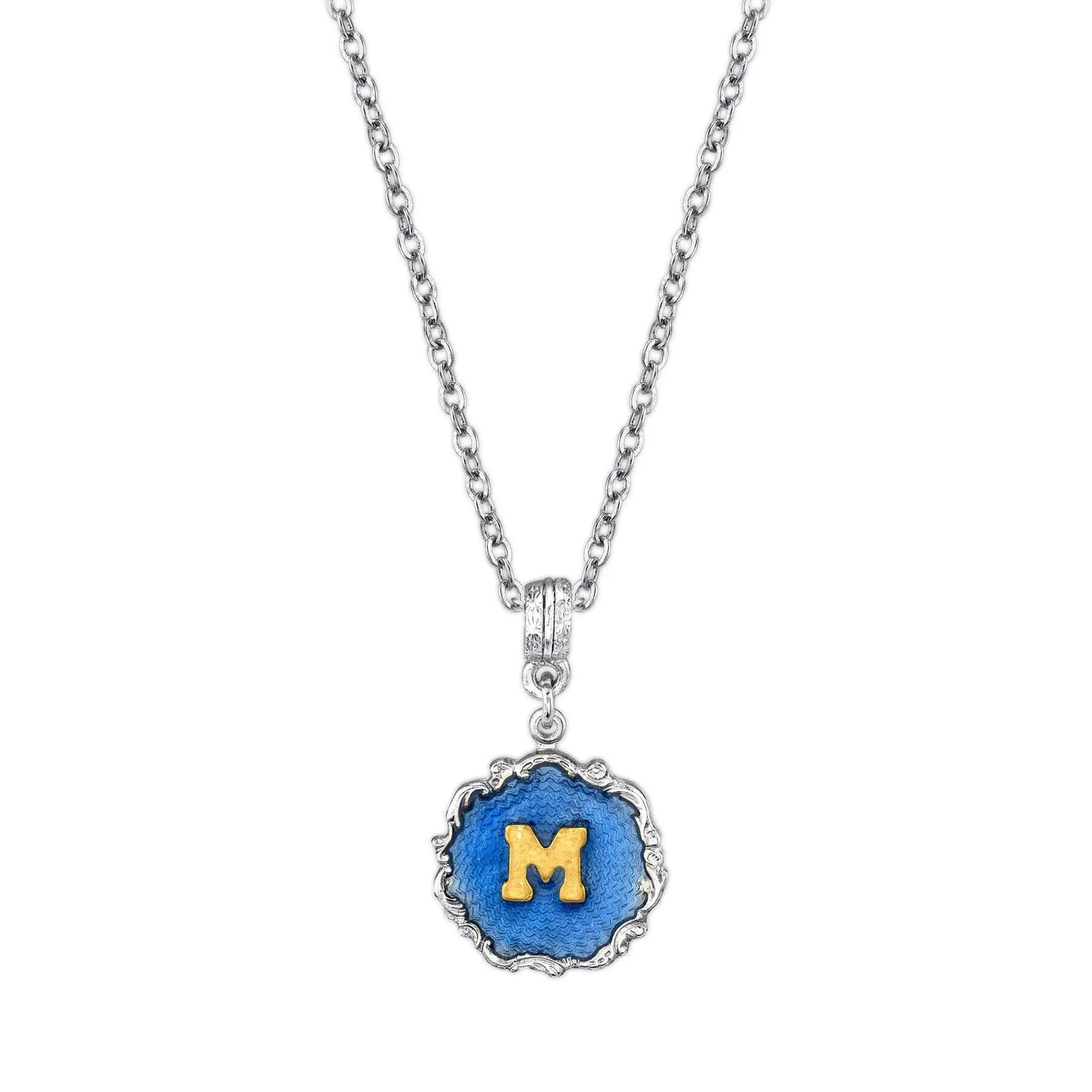 1928 Jewelry Sunburst Blue Enamel Initial Necklace 16"   3" Extender