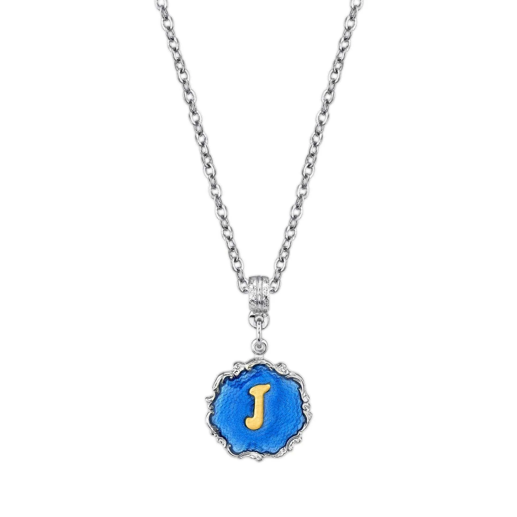 1928 Jewelry Sunburst Blue Enamel Initial Necklace 16"   3" Extender