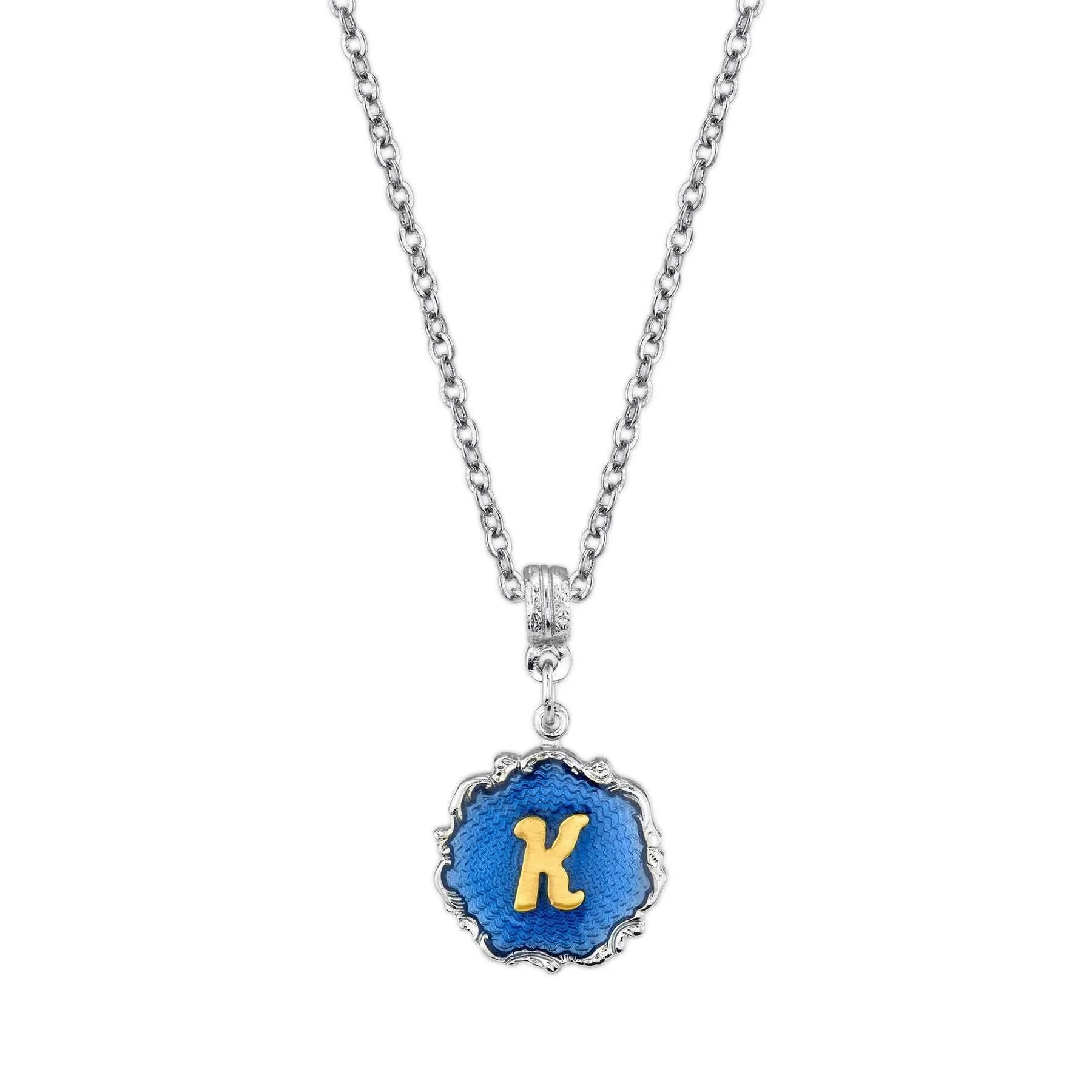 1928 Jewelry Sunburst Blue Enamel Initial Necklace 16"   3" Extender