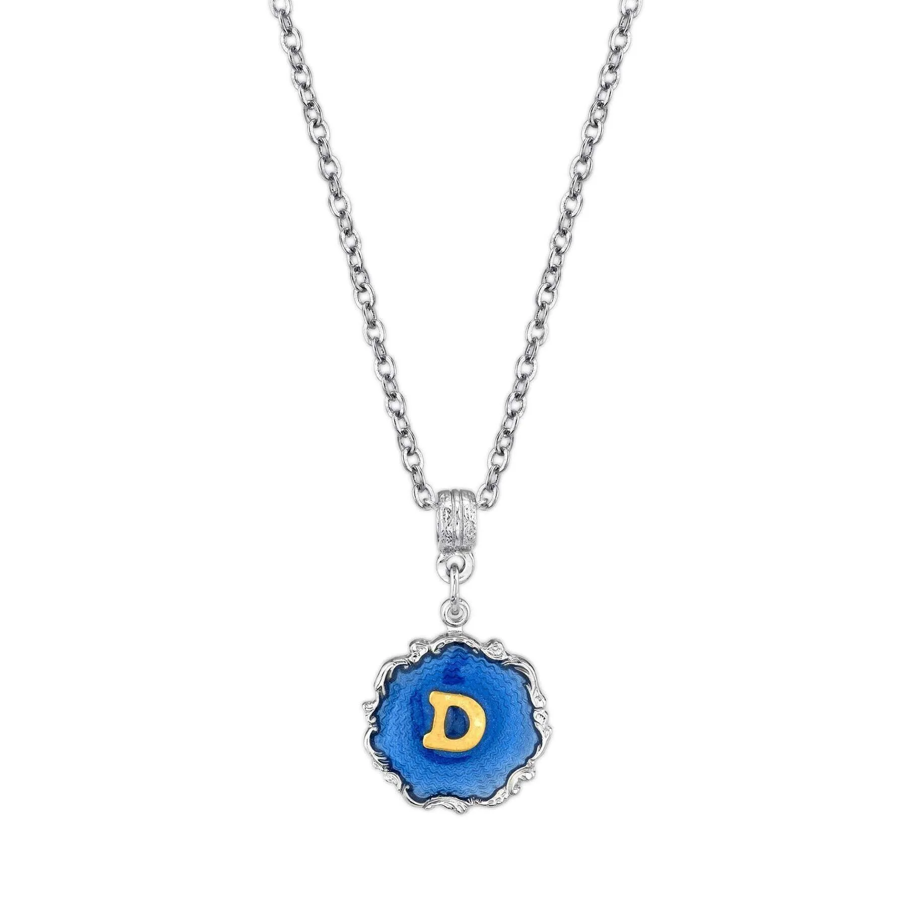 1928 Jewelry Sunburst Blue Enamel Initial Necklace 16"   3" Extender