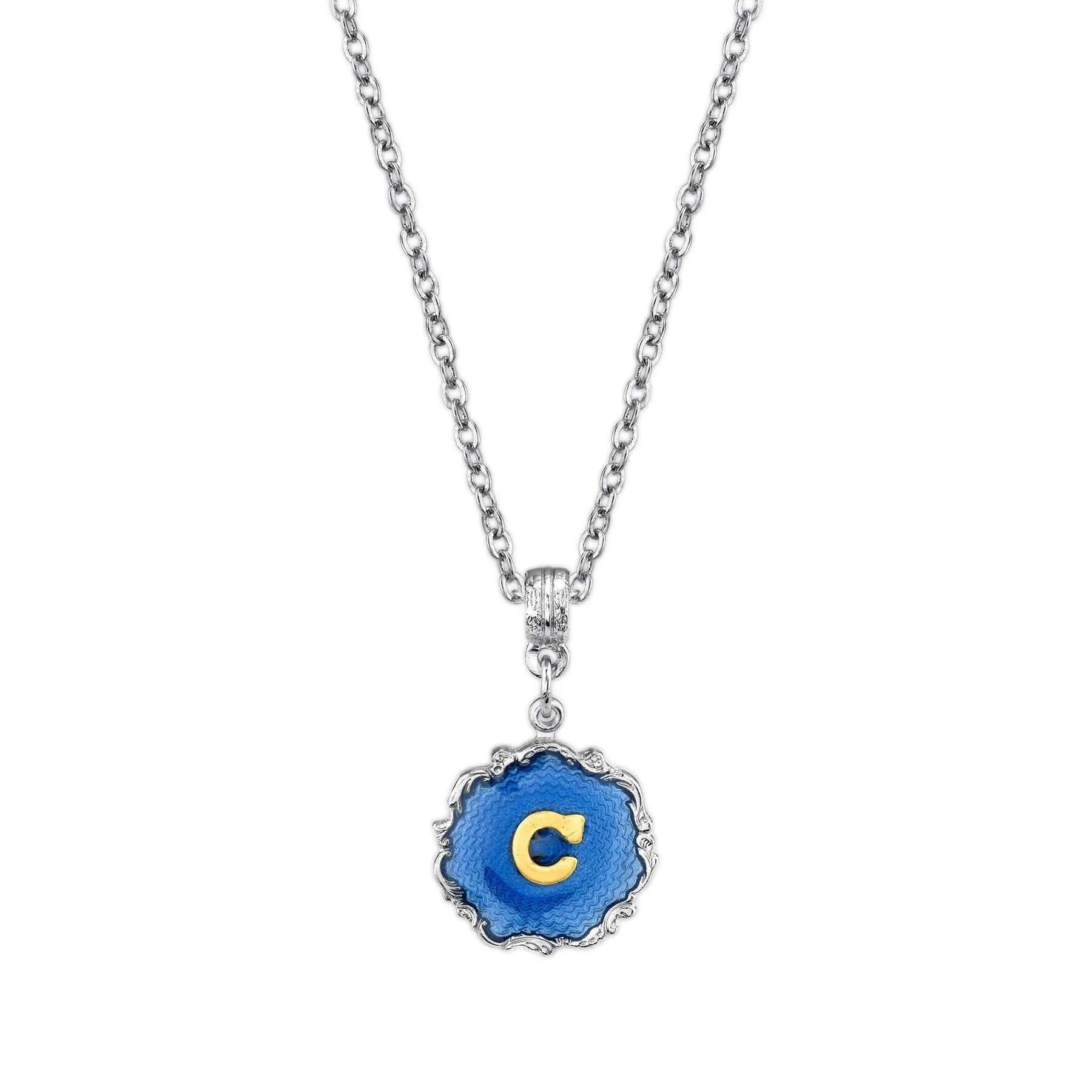 1928 Jewelry Sunburst Blue Enamel Initial Necklace 16"   3" Extender