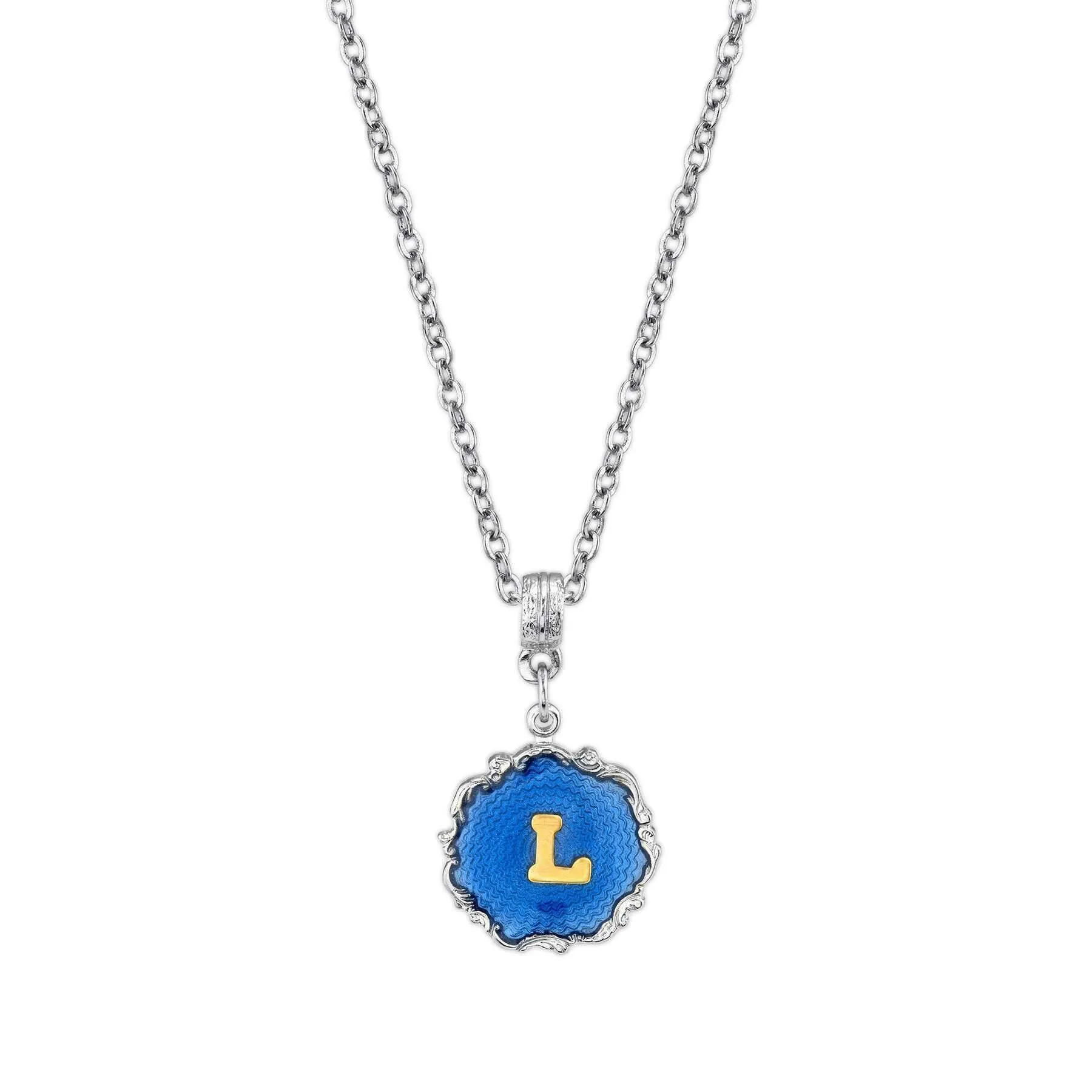 1928 Jewelry Sunburst Blue Enamel Initial Necklace 16"   3" Extender