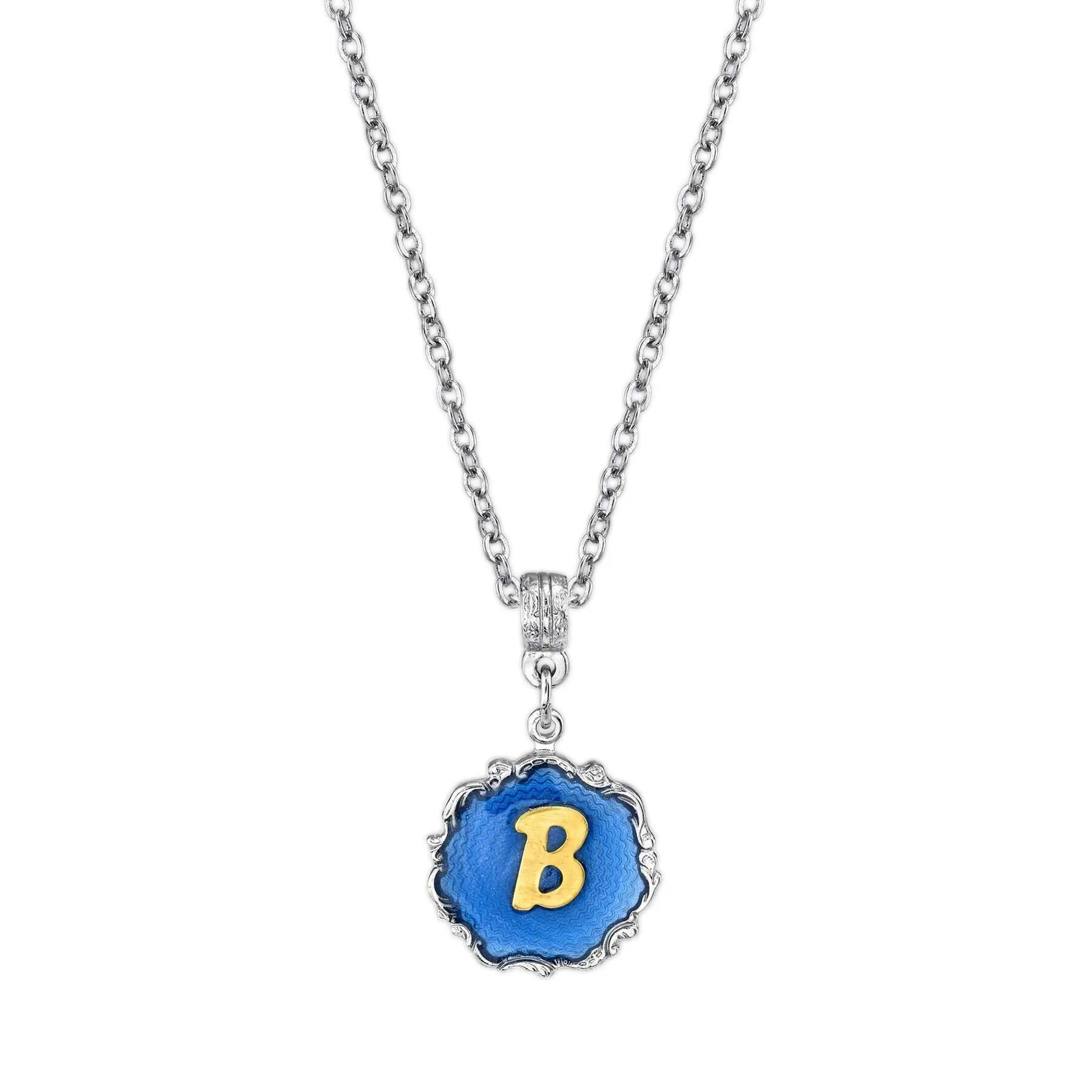 1928 Jewelry Sunburst Blue Enamel Initial Necklace 16"   3" Extender