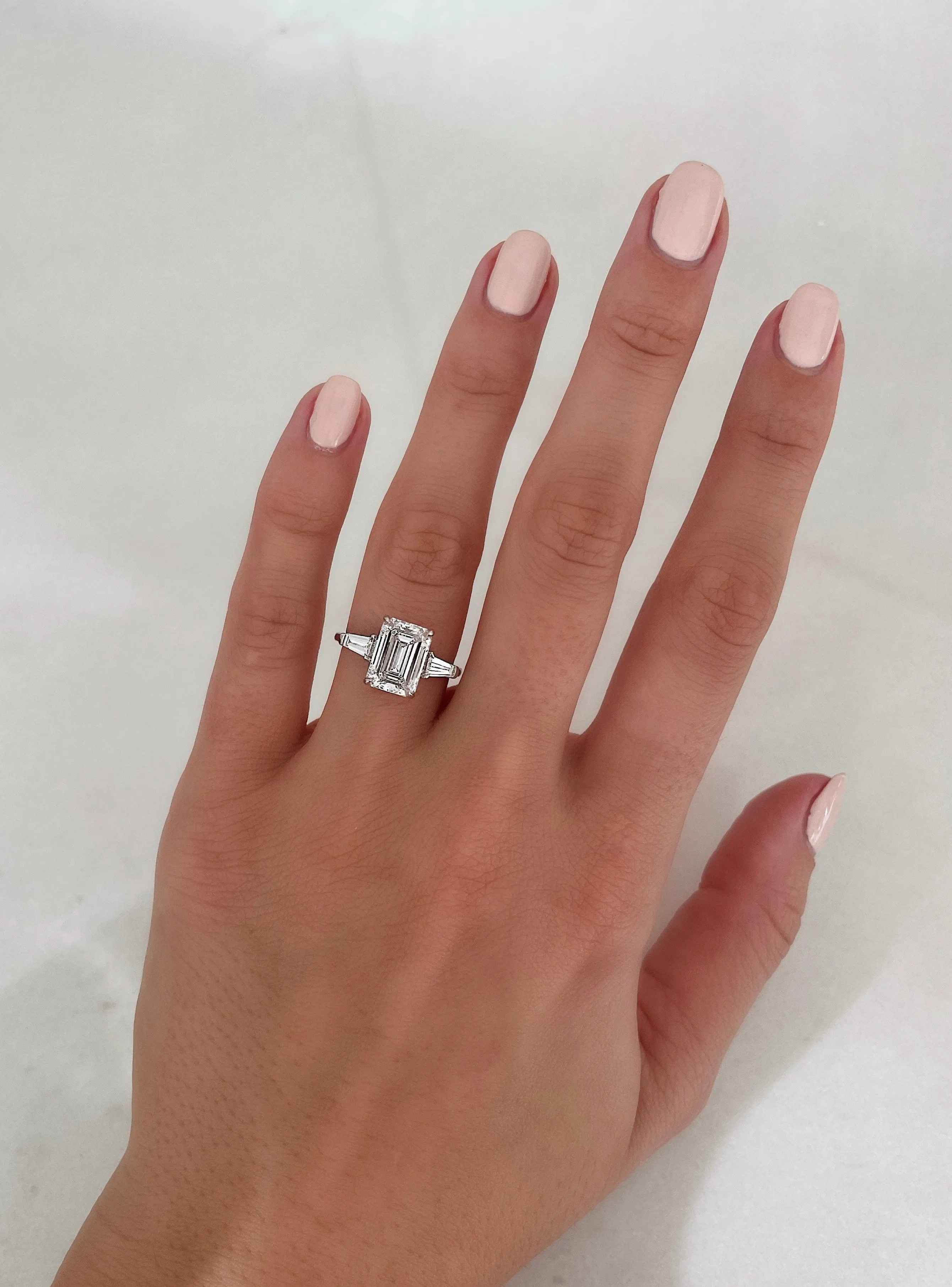 3.09 Lab Grown Emerald Whisper Thin® Three Stone with Tapered Baguettes