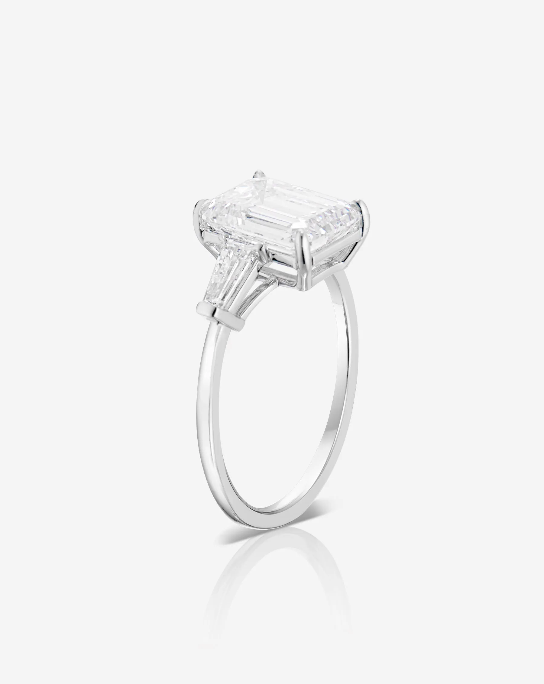 3.09 Lab Grown Emerald Whisper Thin® Three Stone with Tapered Baguettes