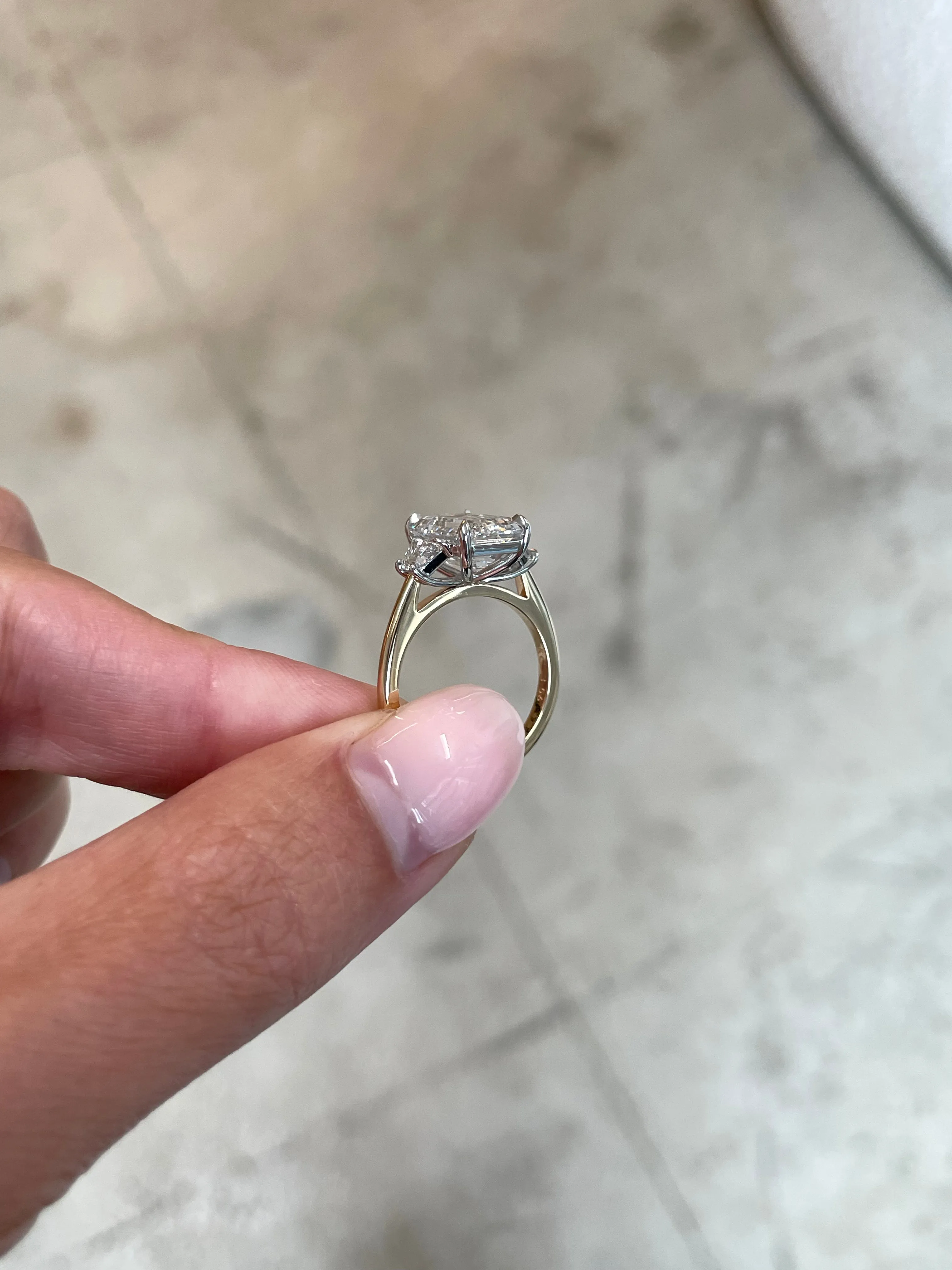 3.66 Lab Grown Emerald Whisper Thin® Three Stone with Trapezoids