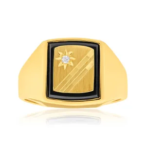 9ct Radiant Yellow Gold Diamond   Onyx Ring