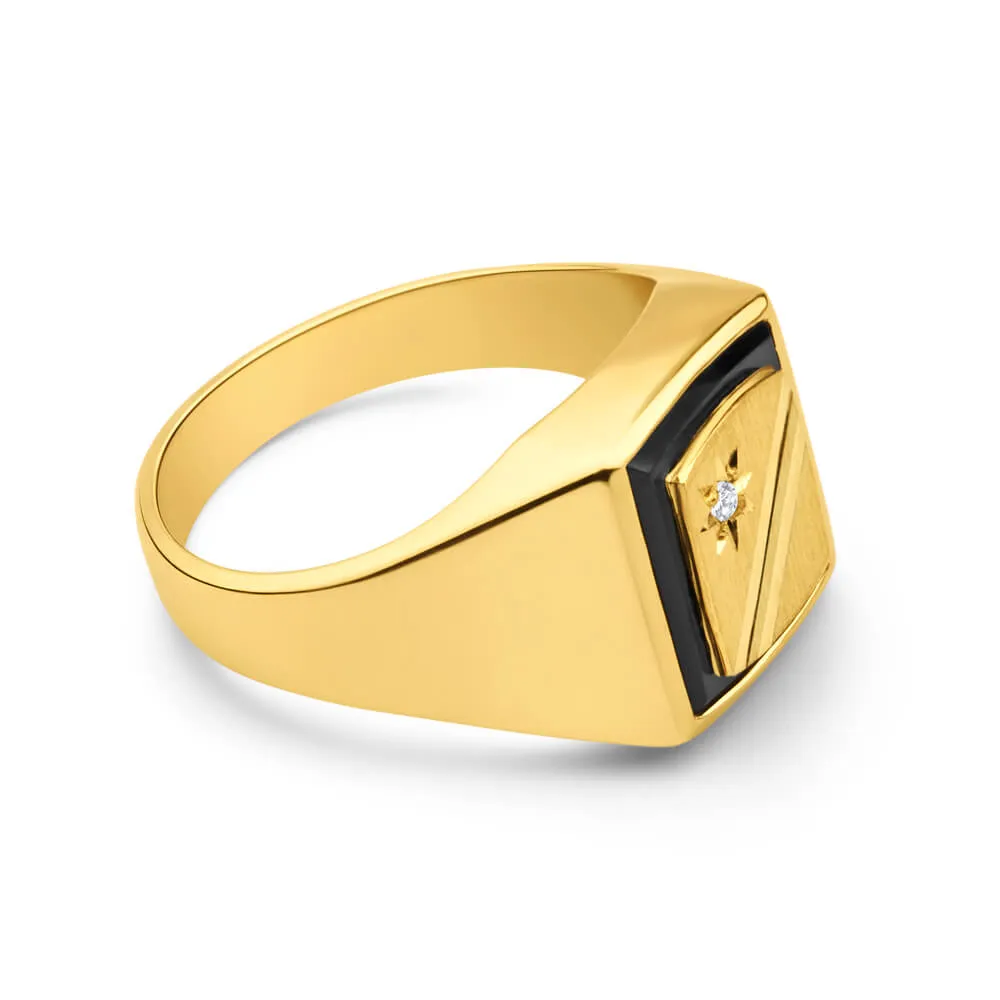 9ct Radiant Yellow Gold Diamond   Onyx Ring