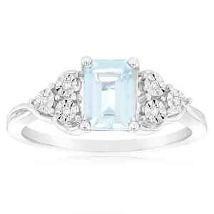 9ct White Gold Natural Aquamarine And Diamond Ring
