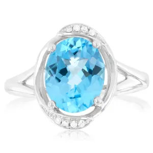 9ct White Gold Natural Blue Topaz And Diamond Ring