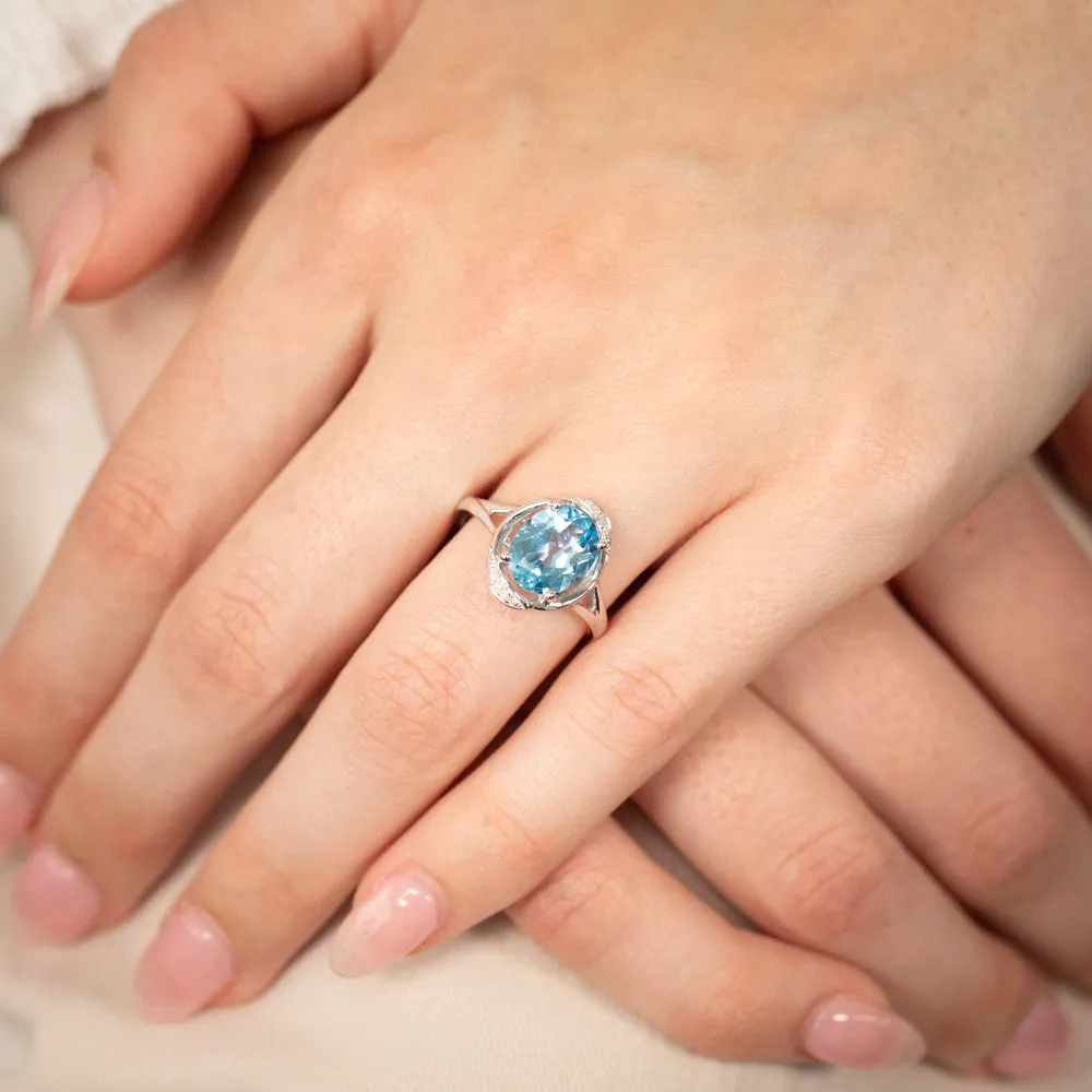 9ct White Gold Natural Blue Topaz And Diamond Ring