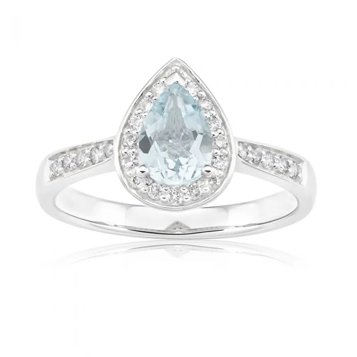 9ct White Gold Pear Cut 0.65ct Aquamarine 0.20 Carat Diamond Ring