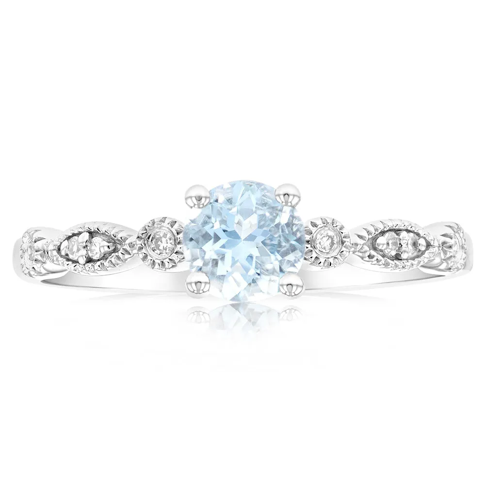 9ct White Gold Round Cut 0.45ct Aquamarine and Diamond Ring