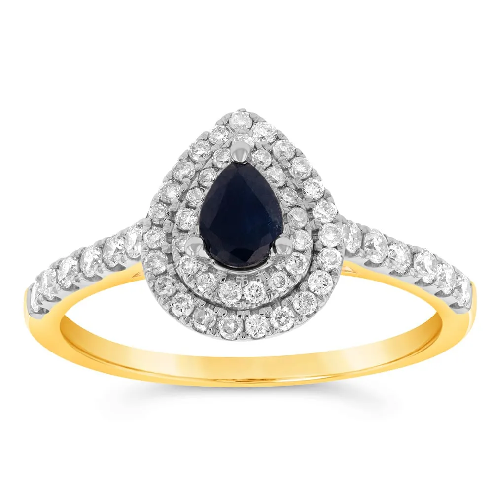 9ct Yellow Gold 0.30ct Natural Black Sapphire and 1/3ct Diamond Double Halo Pear Ring