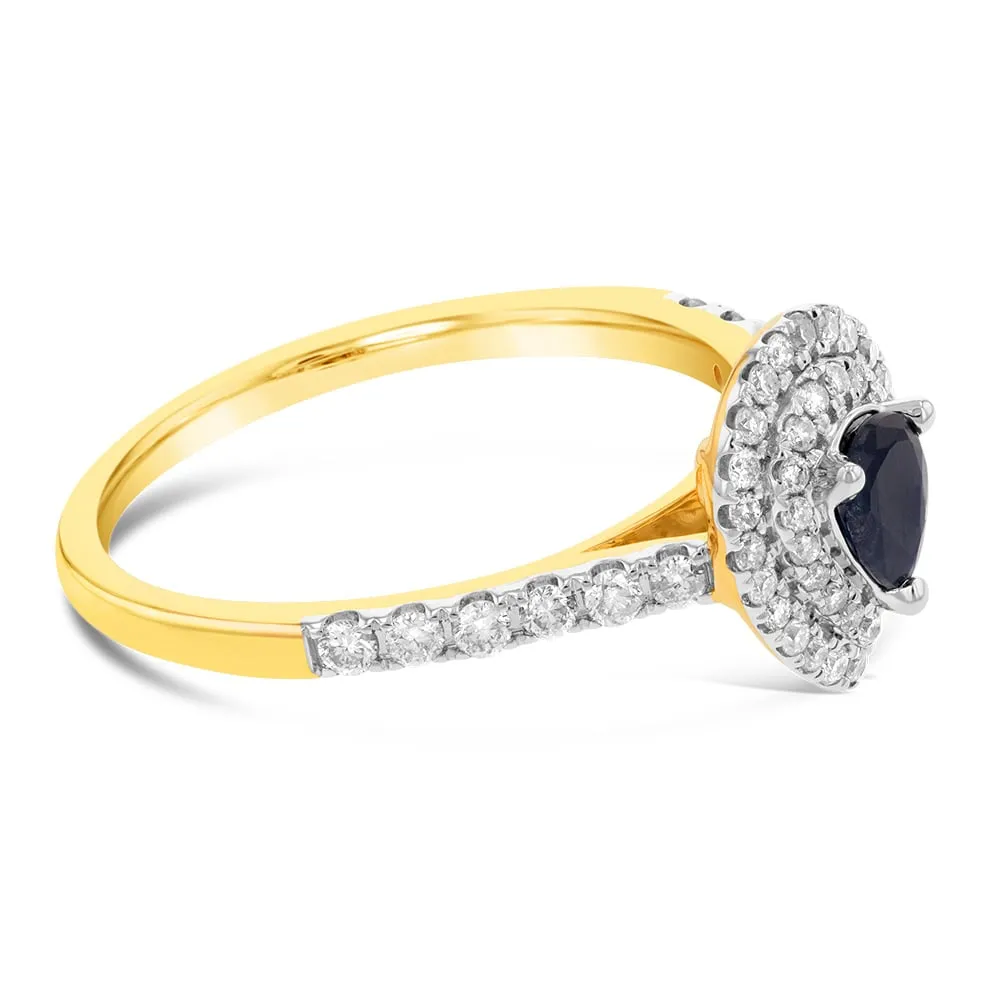 9ct Yellow Gold 0.30ct Natural Black Sapphire and 1/3ct Diamond Double Halo Pear Ring
