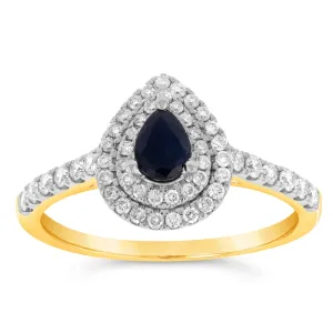 9ct Yellow Gold 0.30ct Natural Black Sapphire and 1/3ct Diamond Double Halo Pear Ring