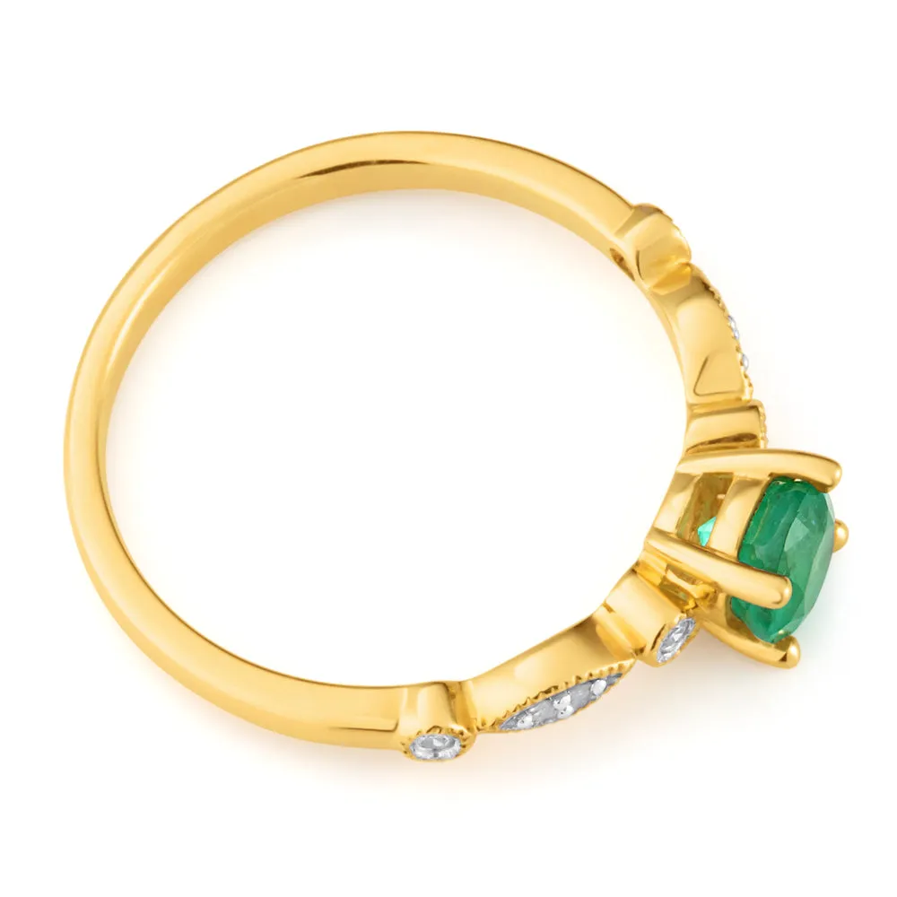 9ct Yellow Gold 0.53ct Natural Emerald and Diamond Ring