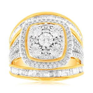9ct Yellow Gold 1 Carat Diamond Square Cushion Shape Cluster Dress Ring