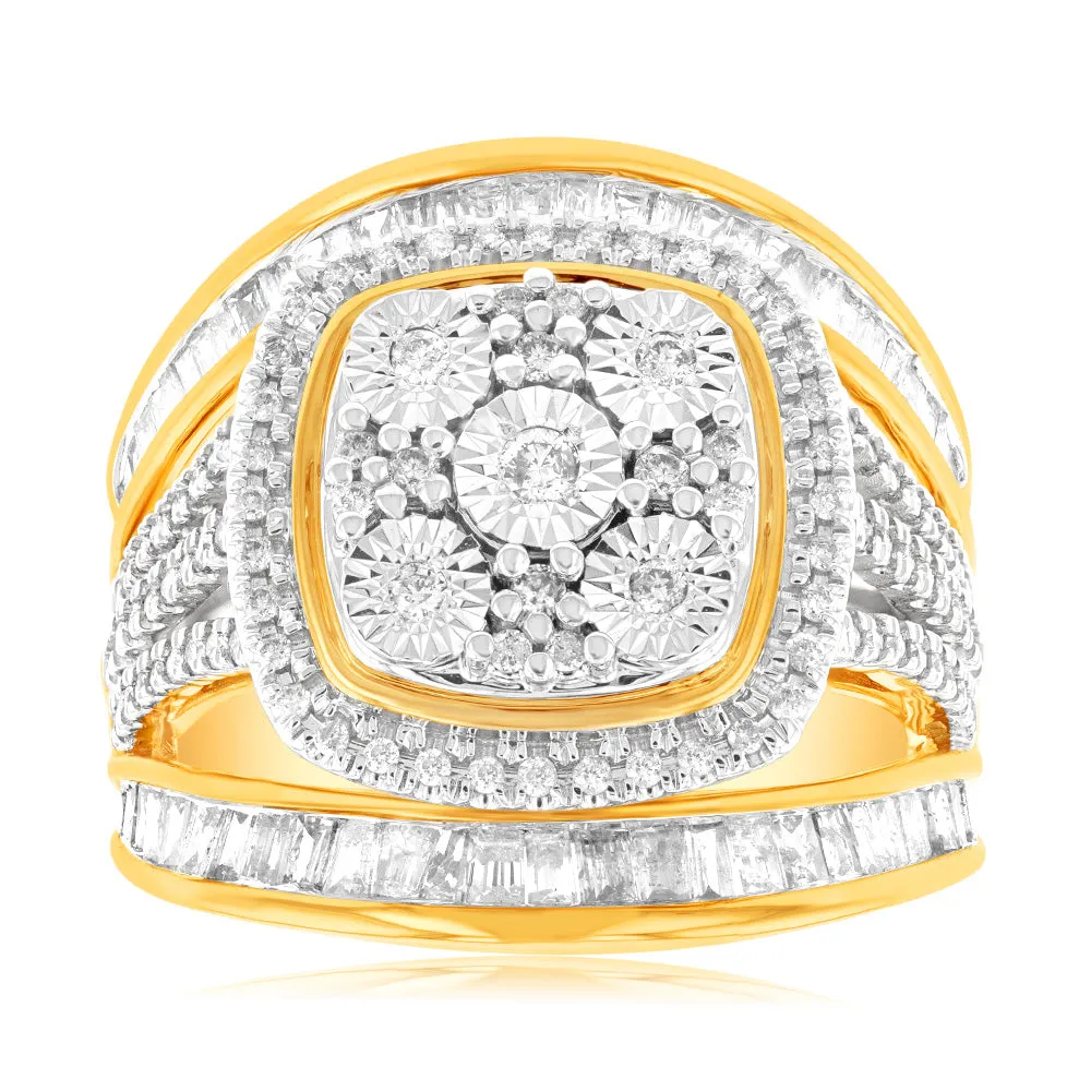9ct Yellow Gold 1 Carat Diamond Square Cushion Shape Cluster Dress Ring