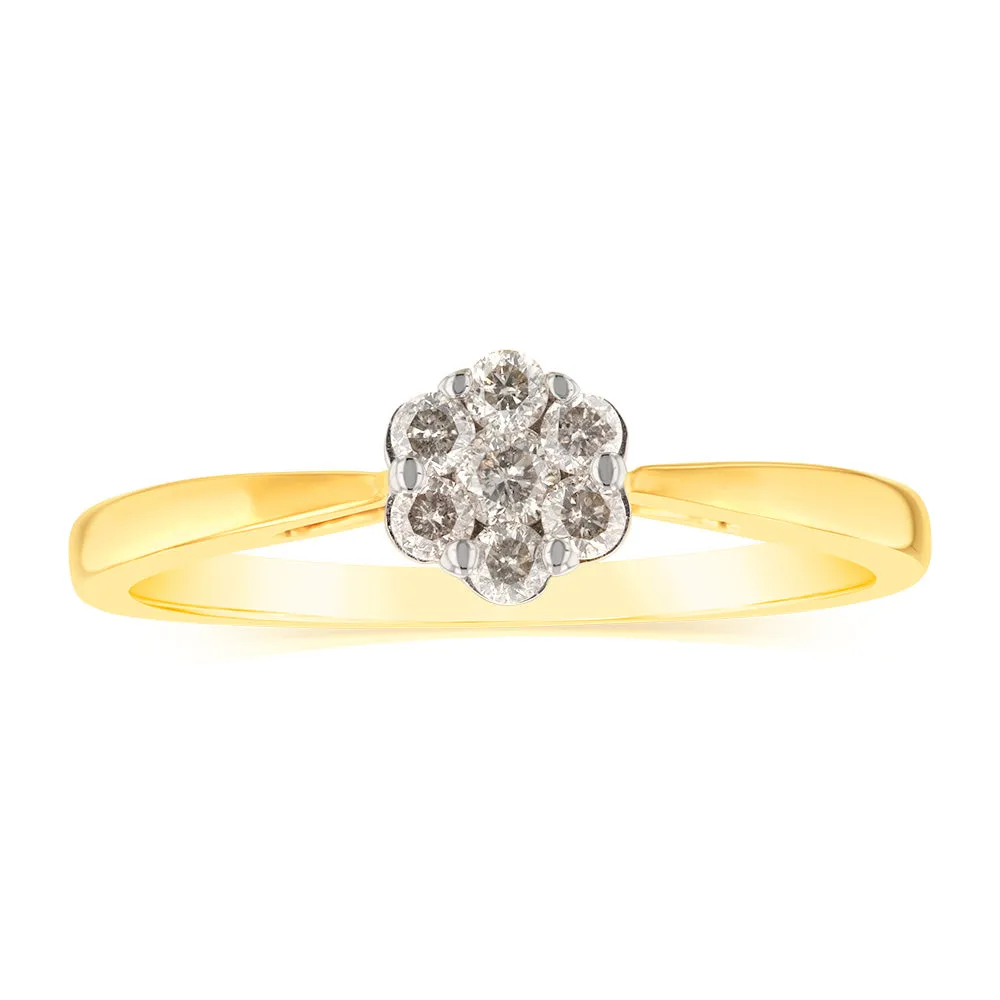 9ct Yellow Gold 1/5 Carat Diamond Flower Shaped Ring