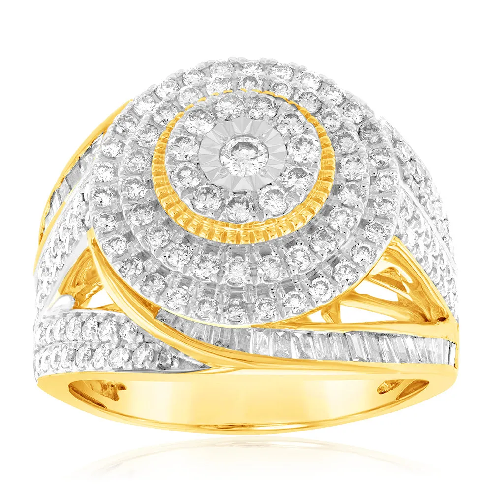 9ct Yellow Gold 2 Carat Diamond Dress Ring with Brilliant and Baguette Diamonds