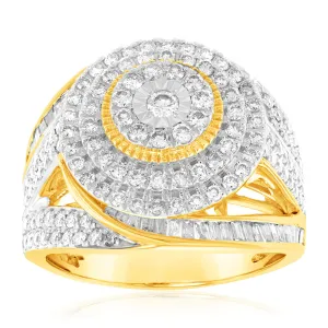 9ct Yellow Gold 2 Carat Diamond Dress Ring with Brilliant and Baguette Diamonds
