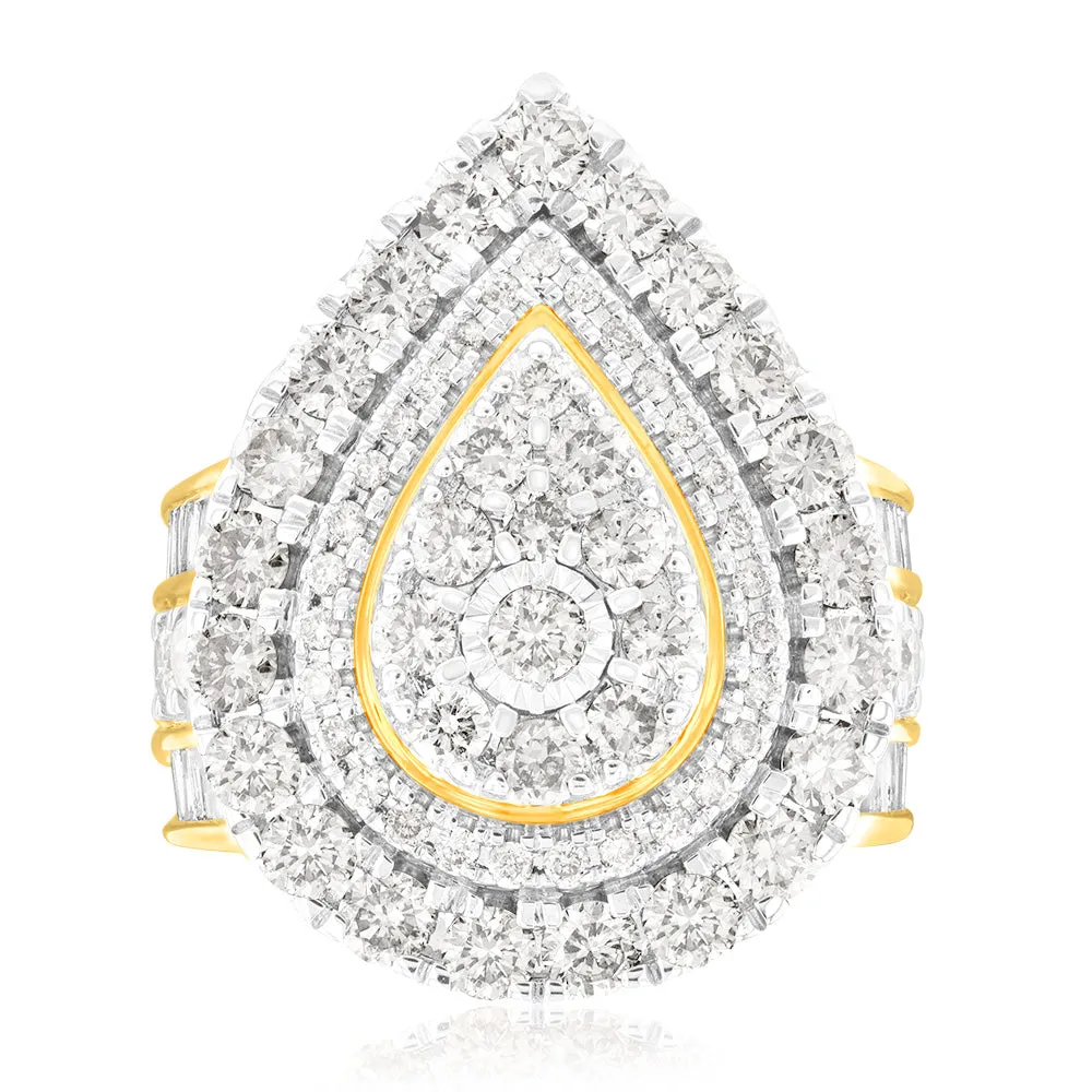 9ct Yellow Gold 3 Carat Diamond Ring with Brilliant Cut and Tapered Baguette Diamonds